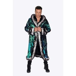 FURROCIOUS FURR Men’s Faux Fur Blk Green Sequin Coat for Festivals, Burning Man